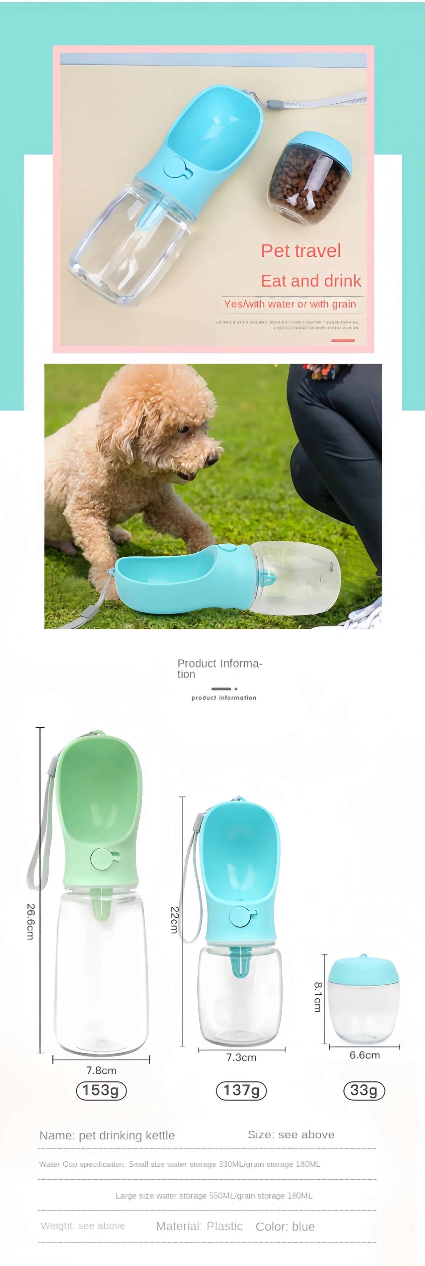 Portable Dog & Cat Water Bottle with Food Storage – Travel Pet Drinking Kettle